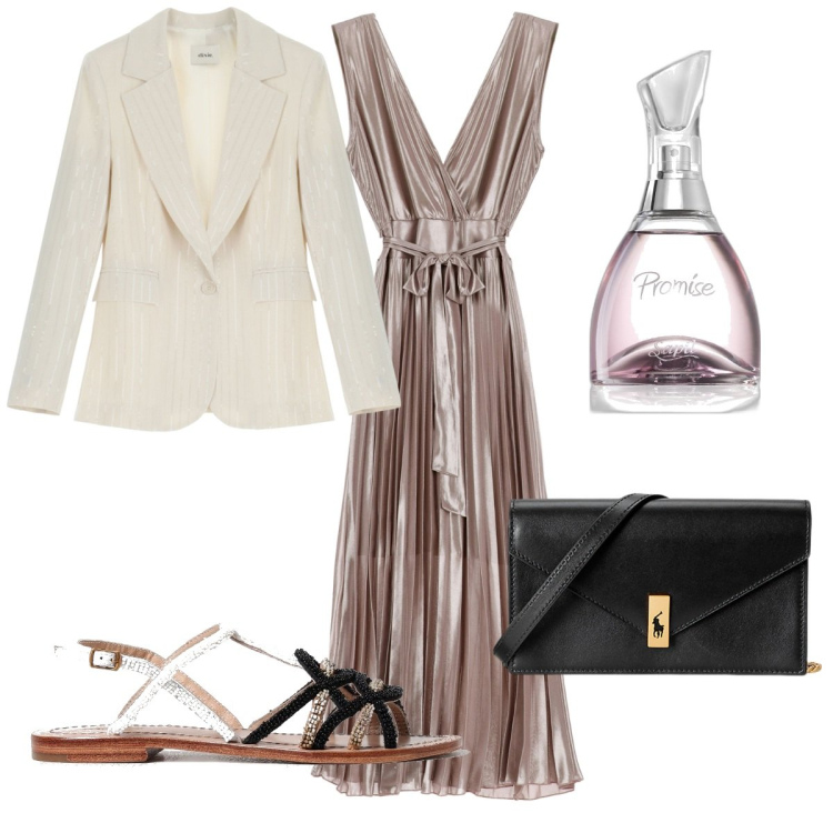 Outfit donna - Sere d\'estate con i sandali gioielli. Stile Glamour per Serata fuori. Abbinamento con profumi, vestiti midi/longuette, blazer, clutch, sandali gioiello.