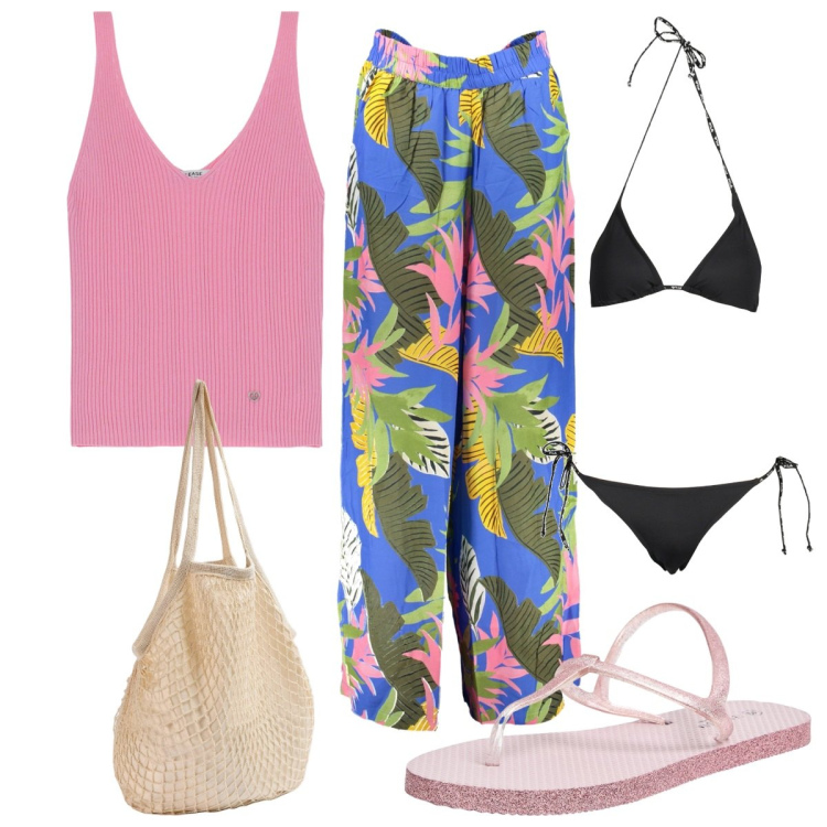 Outfit donna - Minimal a colori. Stile Minimal per Mare. Abbinamento con sandali, borse a spalla, top, bikini, pantaloni.