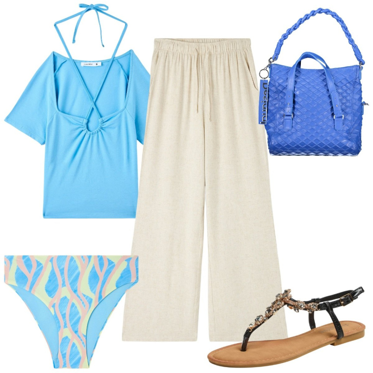 Outfit donna - Vacanze in blu. Stile Trendy per Mare. Abbinamento con bikini, pantaloni, t-shirt, sandali gioiello, borse a spalla.