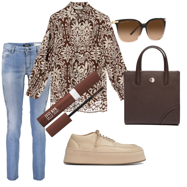 Outfit donna - Total look #1902922. Stile Casual chic per Tutti i giorni. Abbinamento con mascara, occhiali da sole, camicie, jeans, shopping bag, sneakers.