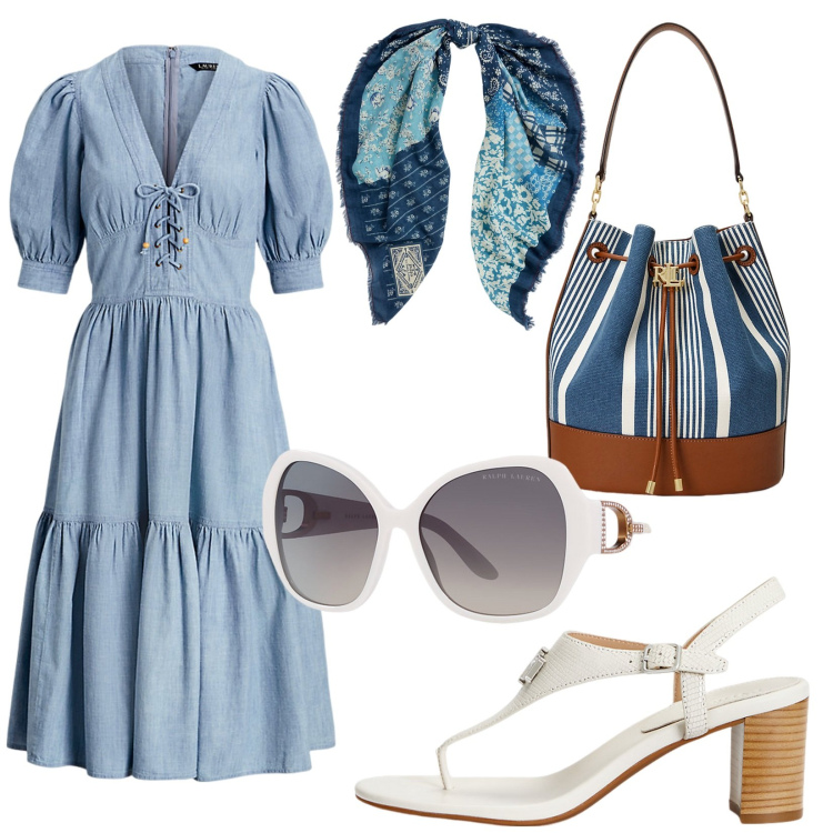 Outfit donna - Total look #1902960. Stile Bon Ton per Tutti i giorni. Abbinamento con occhiali da sole, vestiti, borse a secchiello, sandali in pelle, foulard.
