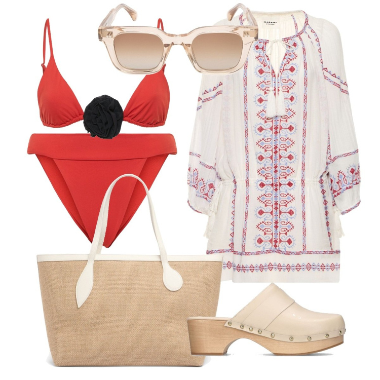 Outfit donna - L\' abito paisley. Stile Casual chic per Mare. Abbinamento con ciabatte, vestiti, occhiali da sole, shopping bag, bikini, bikini.