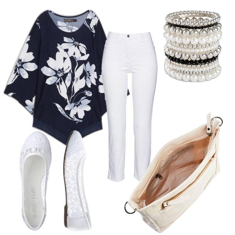 Outfit donna - Estate Bonprix. Stile Casual chic per Tutti i giorni. Abbinamento con pantaloni, ballerine, braccialetti, maglieria, borse a tracolla.