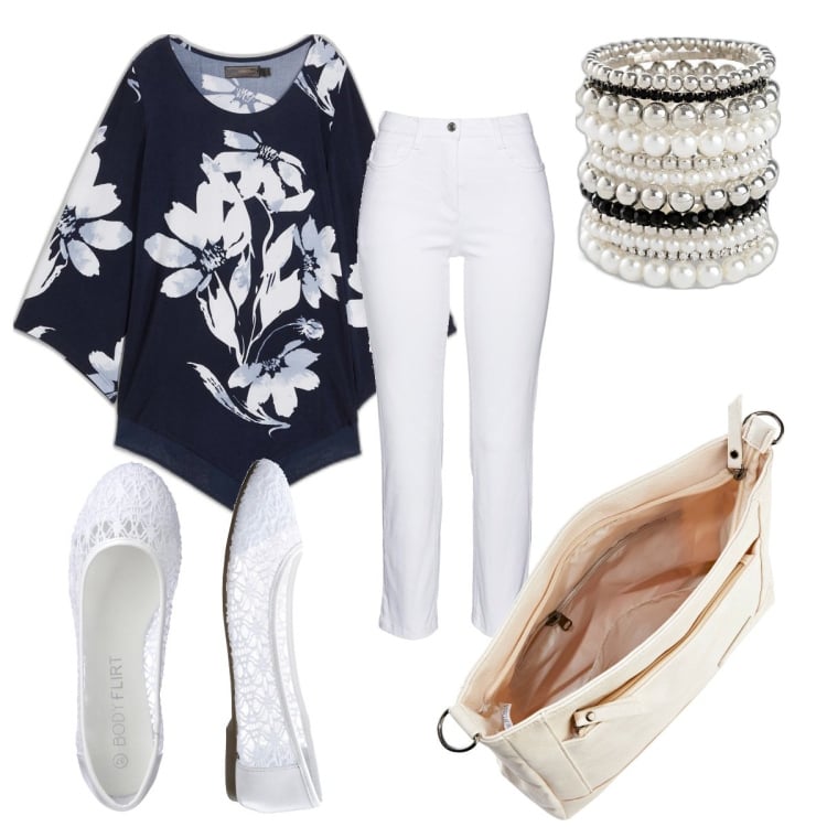 Outfit donna - Estate Bonprix. Stile Casual chic per Tutti i giorni. Abbinamento con ballerine, braccialetti, maglieria, pantaloni, borse a tracolla.