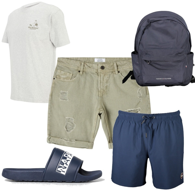 Outfit uomo - Total look #1902990. Stile Trendy per Mare. Abbinamento con bermuda, t-shirt, sandali, costumi, borse sportive.