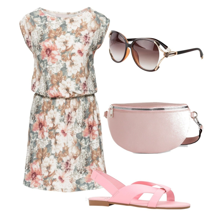 Outfit donna - Casual per il giorno. Stile Casual per Tutti i giorni. Abbinamento con occhiali da sole, vestiti senza maniche, marsupi, sandali.