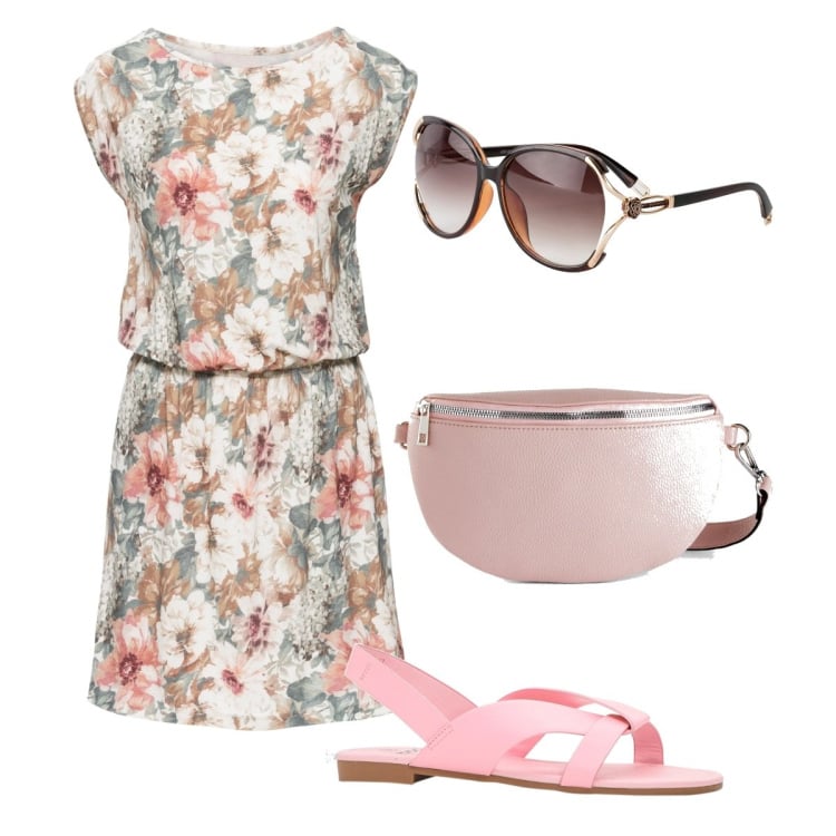 Outfit donna - Casual per il giorno. Stile Casual per Tutti i giorni. Abbinamento con occhiali da sole, vestiti senza maniche, marsupi, sandali.