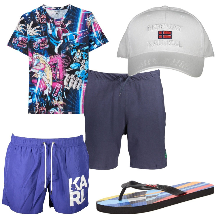 Outfit uomo - Total look #1903001. Stile Trendy per Mare. Abbinamento con sandali, t-shirt, pantaloni, cappelli con visiera, costumi.