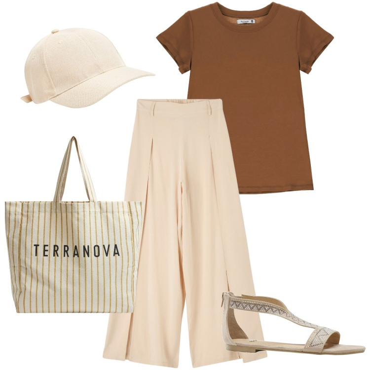 Outfit donna - Il pantapalazzo. Stile Basic per Tutti i giorni. Abbinamento con sandali, cappelli, pantaloni, borse tote, t-shirt.