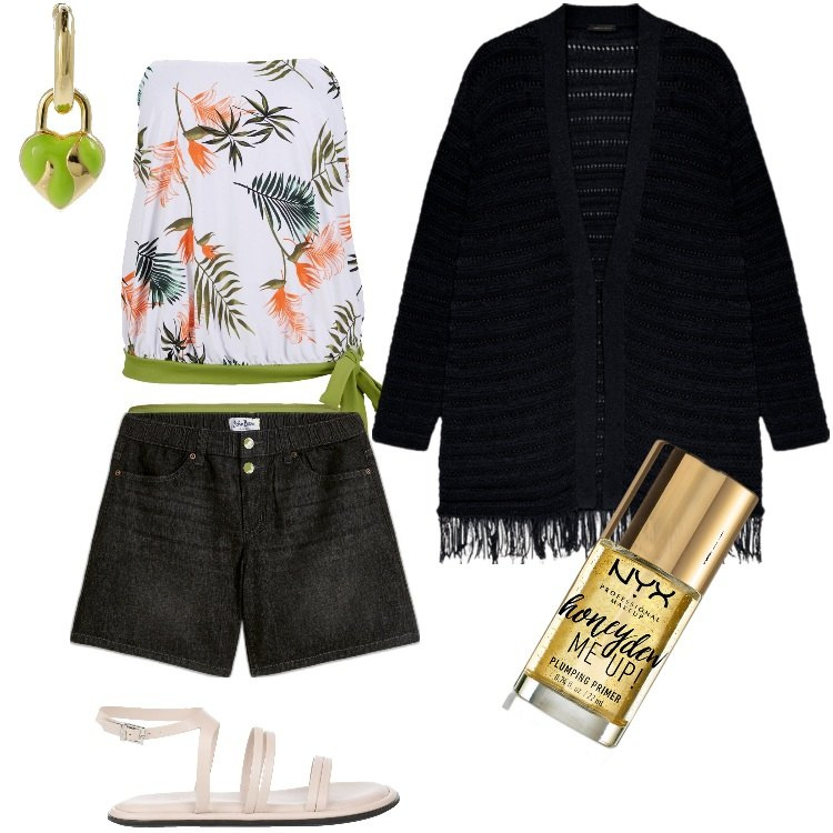 Outfit donna - Total look #1903008. Stile Trendy per Mare. Abbinamento con costumi interi, shorts, sandali in pelle, primer, cardigans, orecchini.