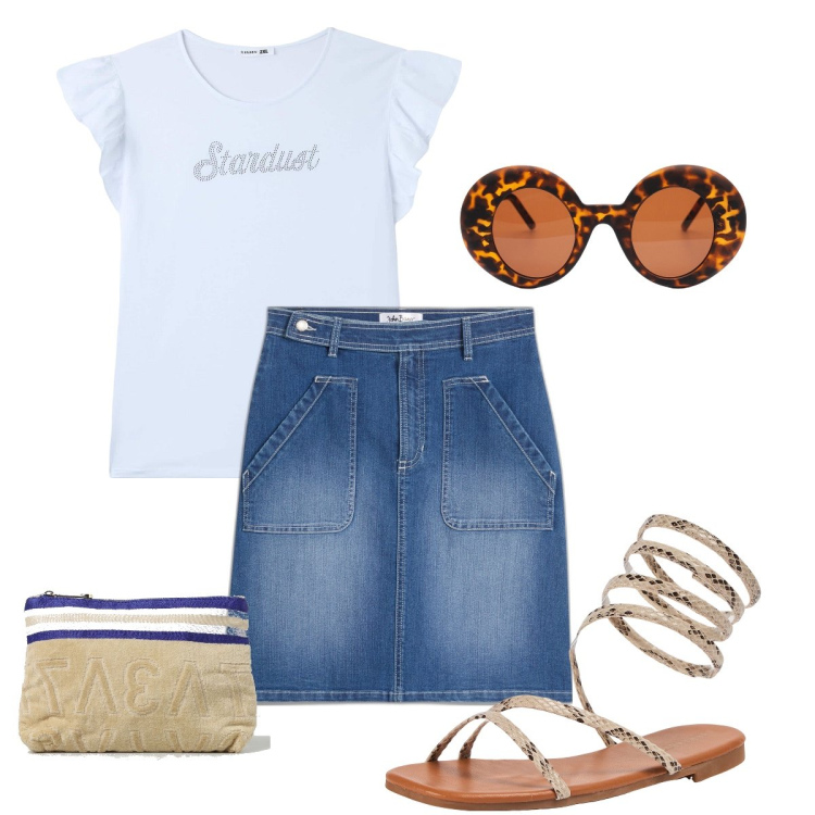 Outfit donna - Gli occhiali stile anni 70. Stile 70s per Tutti i giorni. Abbinamento con gonne, t-shirt, sandali, occhiali da sole, pochette.
