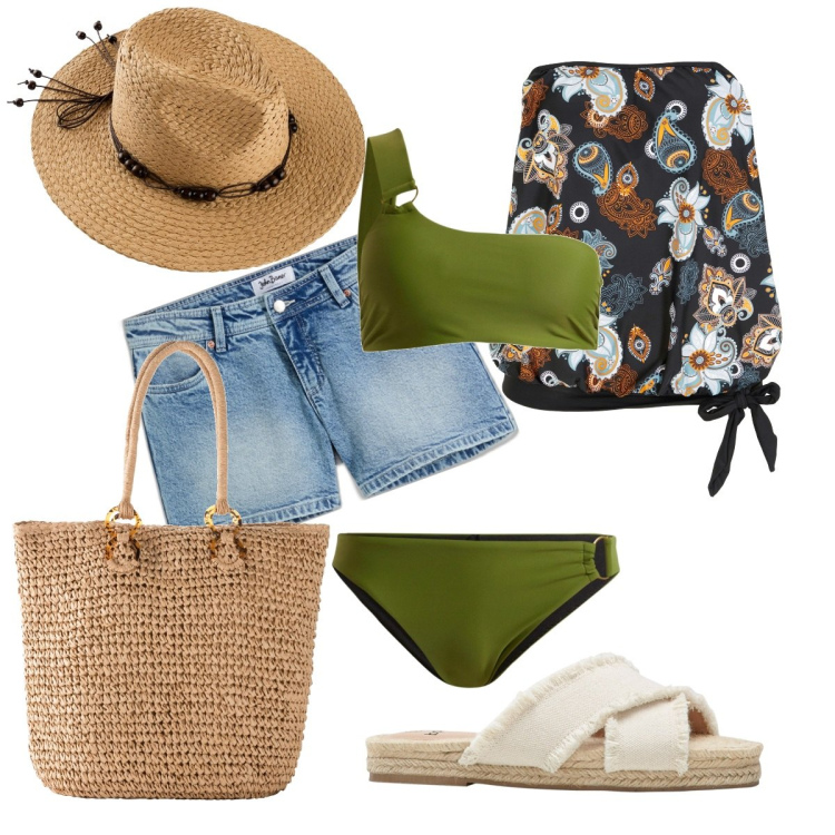 Outfit donna - Al mare con Bonprix. Stile Chic per Mare. Abbinamento con ciabatte, top, bikini, shorts, shopping bag, cappelli.
