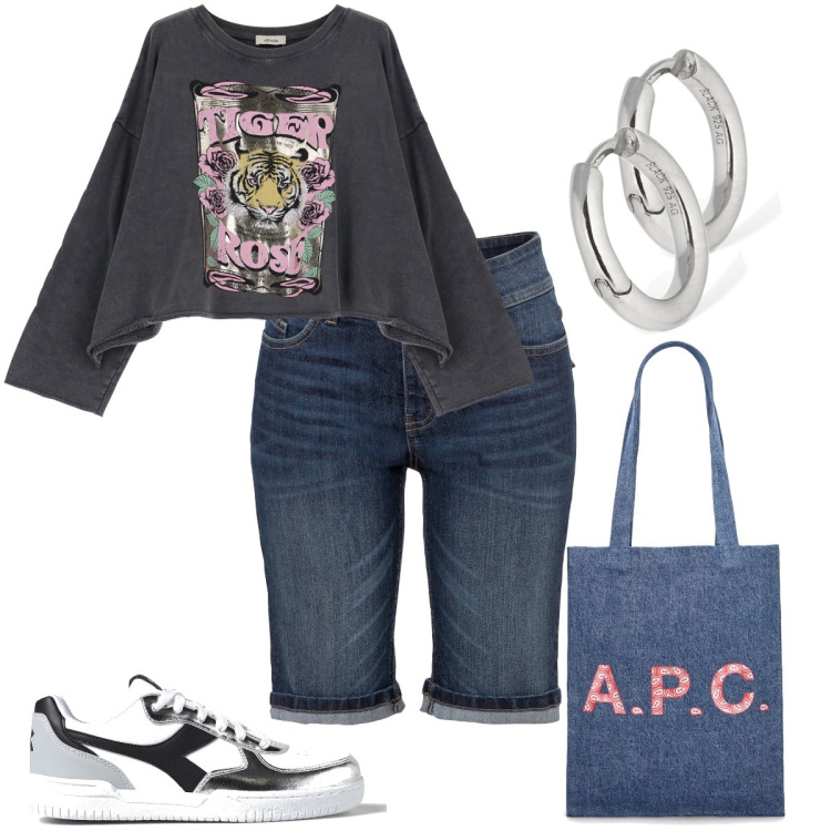 Outfit donna - Serata rock festival. Stile Rock per Serata fuori. Abbinamento con bermuda, felpe, sneakers, orecchini, shopping bag.