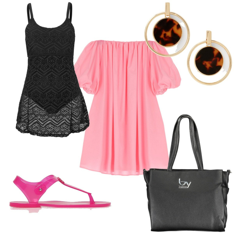 Outfit donna - Total look #1903021. Stile Trendy per Mare. Abbinamento con vestiti da spiaggia, vestiti corti, orecchini, sandali, borse a spalla.