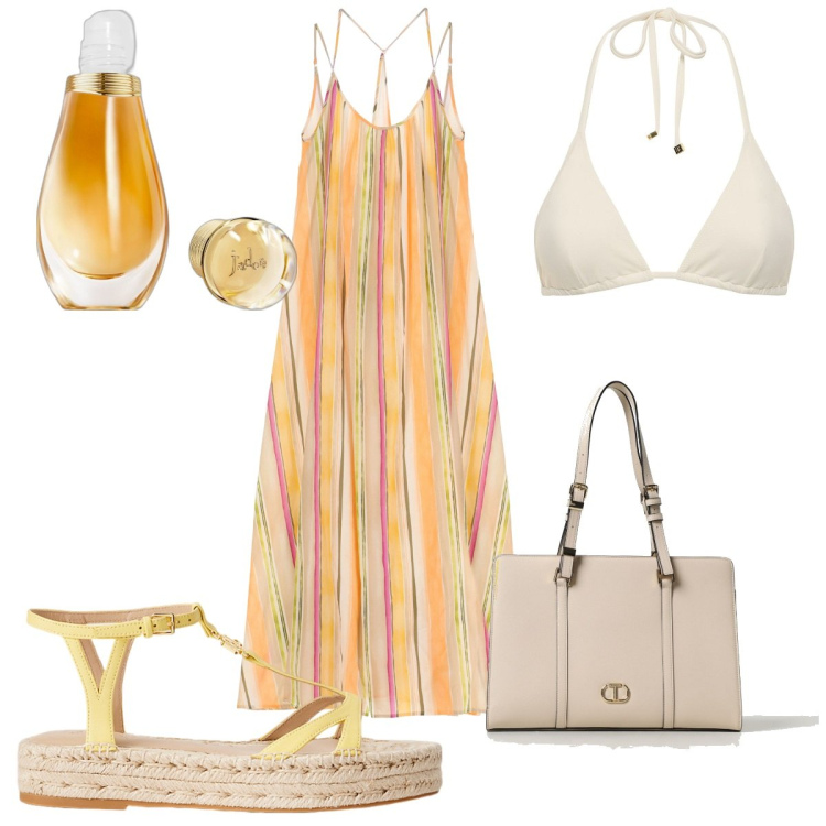 Outfit donna - Total look #1903023. Stile Etnico per Mare. Abbinamento con profumi, vestiti lunghi, espadrillas, bikini, borse tote.