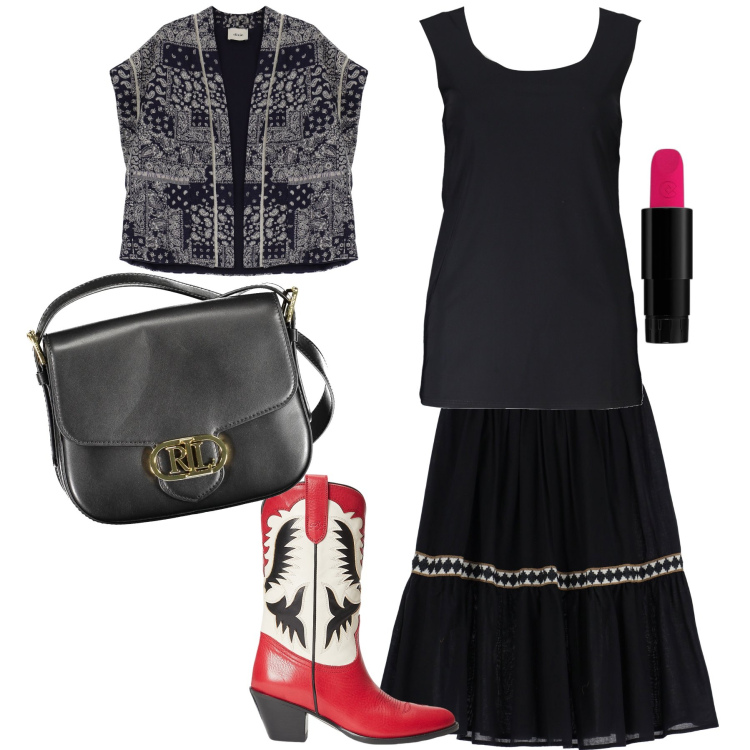 Outfit donna - Vai col country. Stile Etnico per Tutti i giorni. Abbinamento con rossetti, gilet, gonne lunghe, stivaletti texani, canottiere, borse a tracolla.