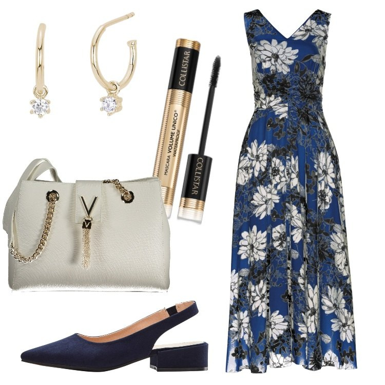 Outfit donna - Abito femminile e raffinato. Stile Romantica per Serata fuori. Abbinamento con vestiti lunghi, décolleté, mascara, orecchini, borse a spalla.