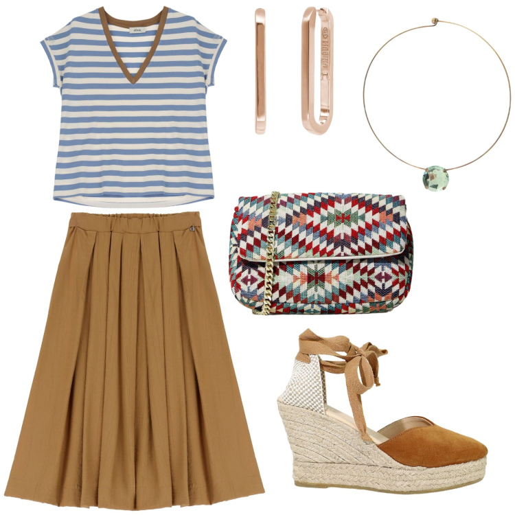 Outfit donna - Righe bianche e blu. Stile Casual chic per Ufficio. Abbinamento con orecchini, t-shirt, gonne lunghe, pochette, ciondoli, zeppe.