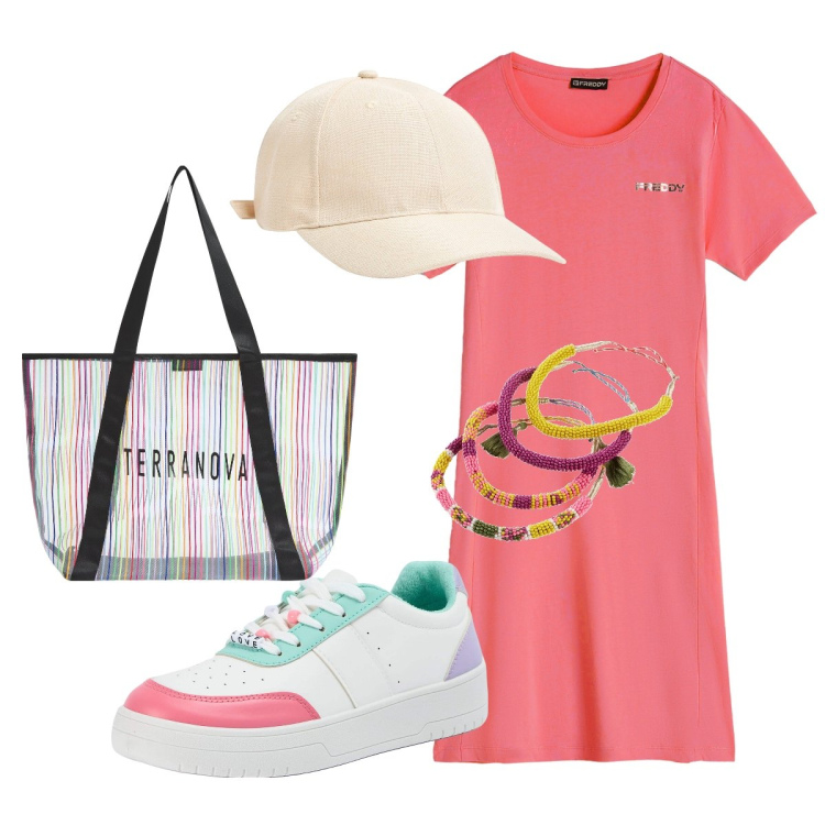 Outfit donna - Pratica. Stile Casual per Tutti i giorni. Abbinamento con braccialetti, cappelli, sneakers, shopping bag, vestiti corti.