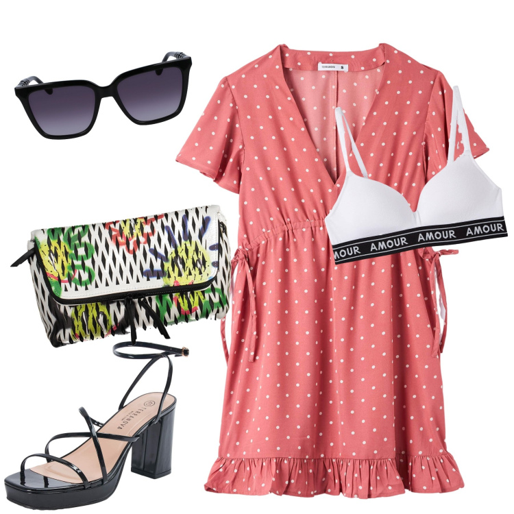Outfit donna - Tutta di saldi mi voglio vestire. Stile Trendy per Tutti i giorni. Abbinamento con reggiseni, vestiti, sandali in pelle, occhiali da sole, borse a mano.