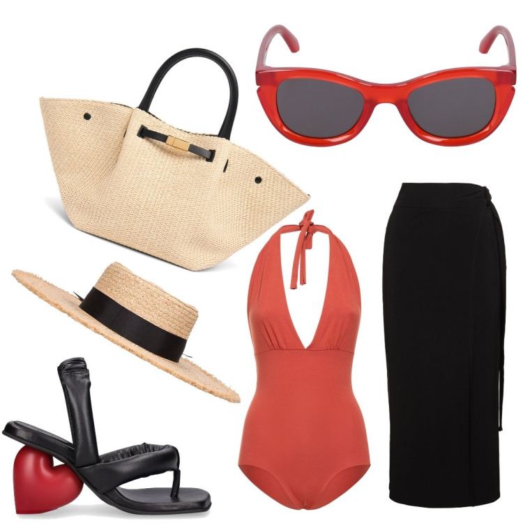 Outfit donna - Spiaggia. Stile Casual chic per Mare. Abbinamento con vestiti da spiaggia, sandali in pelle, shopping bag, occhiali da sole, cappelli, costumi interi.