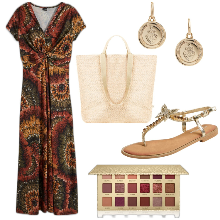 Outfit donna - L\'abito etnico. Stile Etnico per Tutti i giorni. Abbinamento con vestiti lunghi, ombretti, sandali gioiello, borse tote, orecchini.