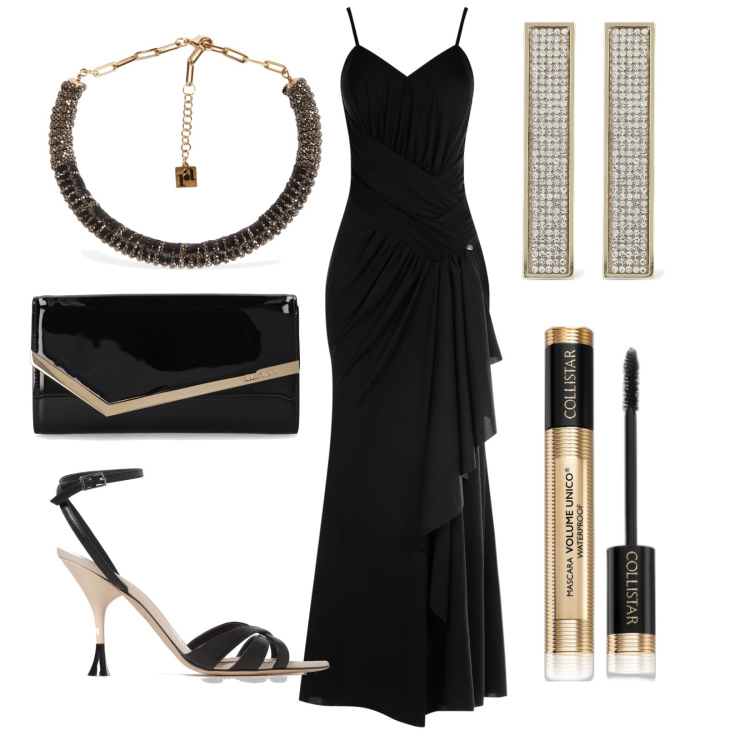 Outfit donna - Rosantica. Stile Chic per Cerimonia. Abbinamento con mascara, vestiti lunghi, collane, pochette, orecchini, sandali in pelle.