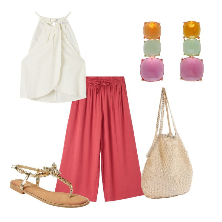 Outfit donna - Rilassante. Stile Casual per Tutti i giorni. Abbinamento con pantaloni a palazzo, top, borse a spalla, sandali gioiello, orecchini.