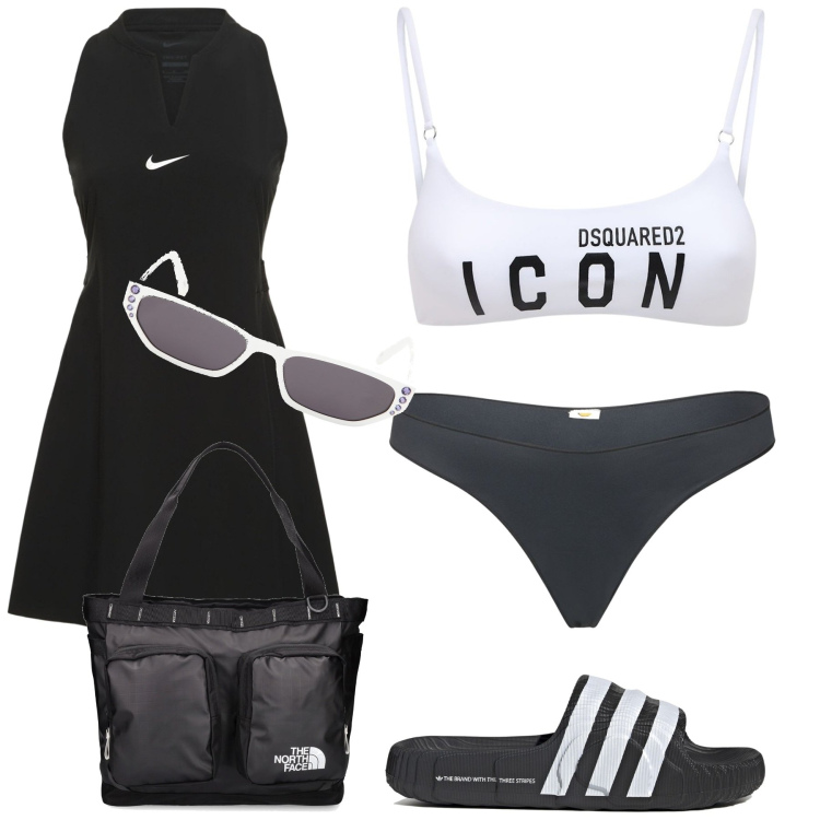 Outfit donna - Summer is calling. Stile Casual chic per Mare. Abbinamento con vestiti, sandali, occhiali da sole, bikini, shopping bag, bikini.
