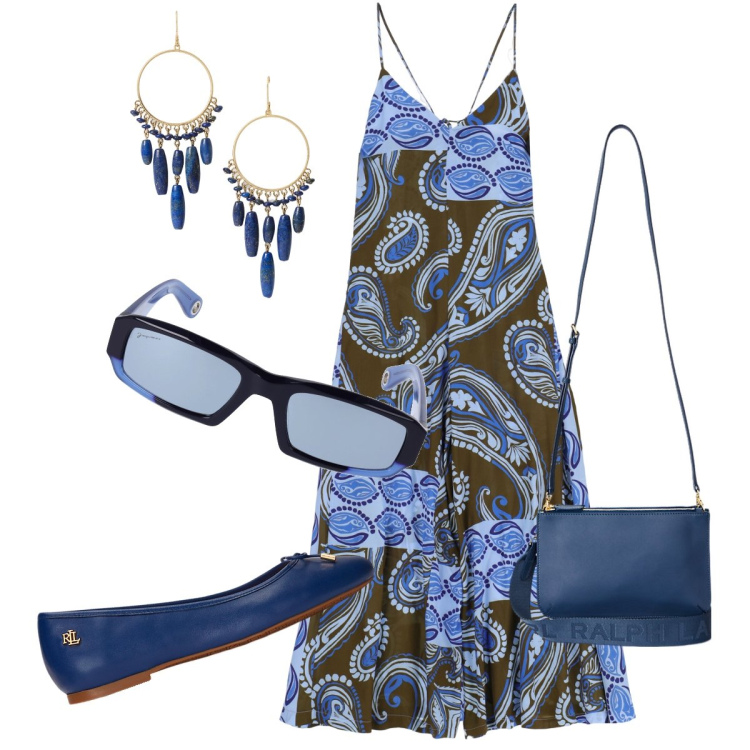 Outfit donna - La jumpsuit Imperial. Stile Etnico per Serata fuori. Abbinamento con tute, ballerine, borse a tracolla, orecchini, occhiali da sole.