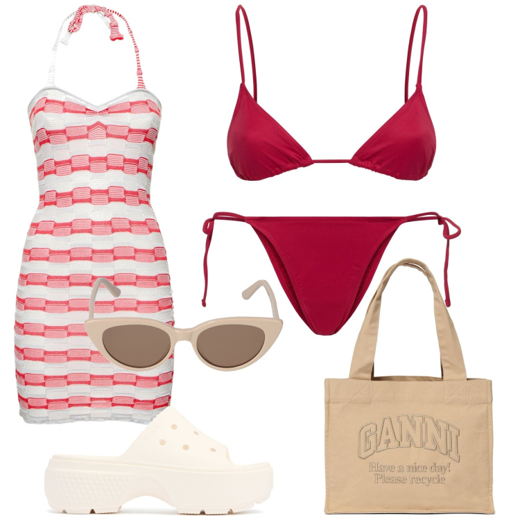 Outfit donna - Summer look. Stile Chic per Mare. Abbinamento con vestiti asimmetrici, ciabatte, bikini, occhiali da sole, shopping bag, bikini.