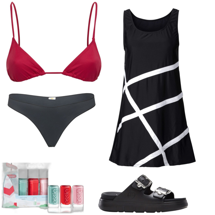 Outfit donna - Vacanza al mare. Stile Basic per Mare. Abbinamento con ciabatte, vestiti da spiaggia, smalti, bikini, bikini.
