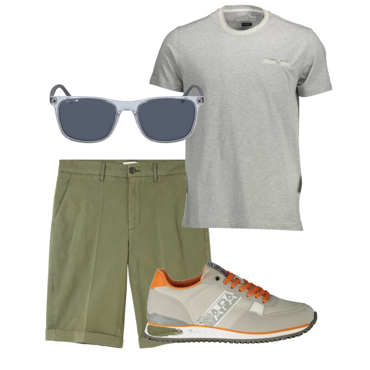 Outfit uomo - City. Stile Casual per Tutti i giorni. Abbinamento con bermuda, t-shirt, occhiali da sole, sneakers.
