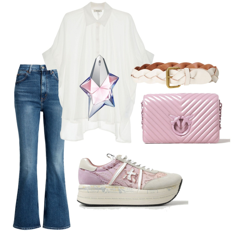 Outfit donna - Total look #1903123. Stile Urban per Tutti i giorni. Abbinamento con profumi, camicie, jeans, cinture, sneakers, borse a tracolla.