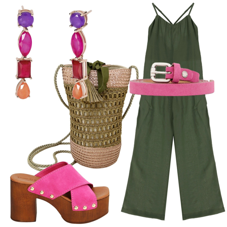 Outfit donna - Verde e fuxia. Stile Casual per Serata fuori. Abbinamento con orecchini, tute, cinture, borse a secchiello, sandali col tacco.