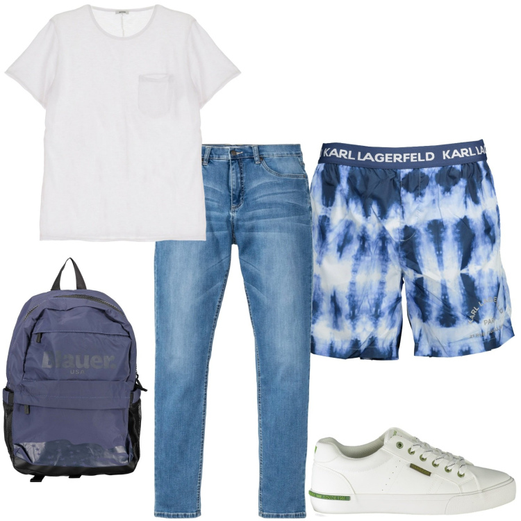 Outfit uomo - Total look #1903175. Stile Casual per Tutti i giorni. Abbinamento con jeans, t-shirt, borse sportive, sneakers, costumi.