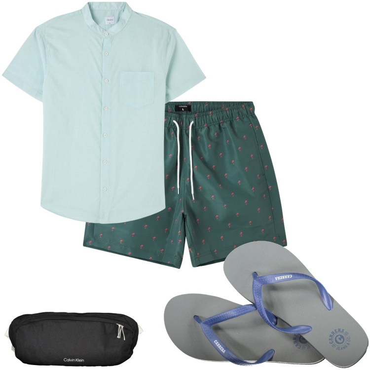 Outfit uomo - Total look #1903180. Stile Casual per Tutti i giorni. Abbinamento con camicie a manica corta, bermuda, borse sportive, sandali.