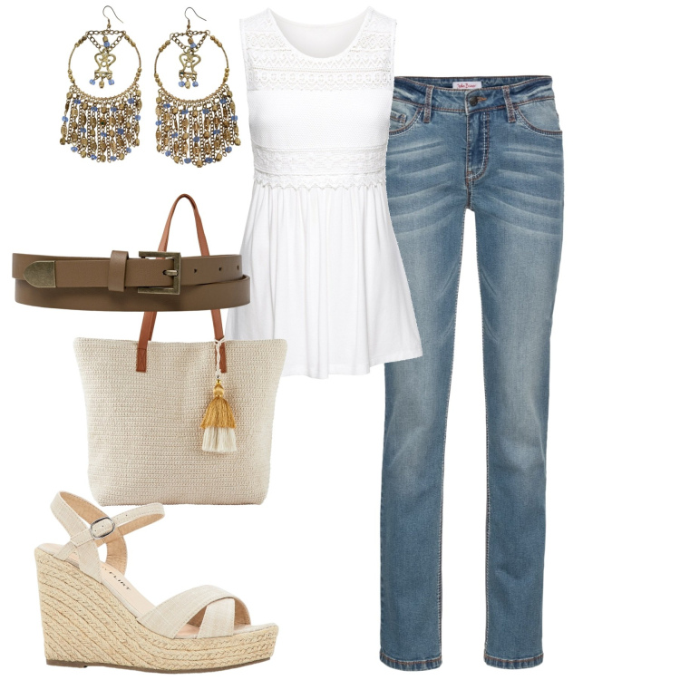 Outfit donna - City. Stile Basic per Tutti i giorni. Abbinamento con sandali, top, jeans dritti, shopping bag, orecchini, cinture.