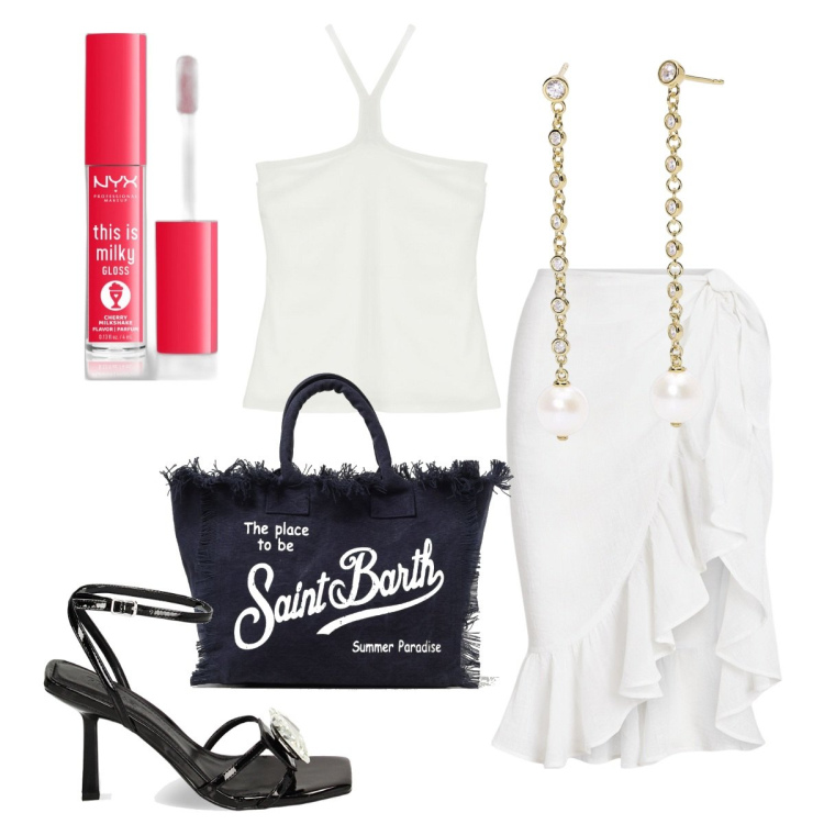 Outfit donna - Contrasto bianco e nero. Stile Glamour per Serata fuori. Abbinamento con gloss, orecchini, top, sandali col tacco, gonne, borse a spalla.