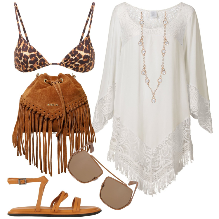 Outfit donna - Al mare. Stile Boho per Mare. Abbinamento con vestiti da spiaggia, sandali in pelle, collane, borse a secchiello, bikini, occhiali da sole.