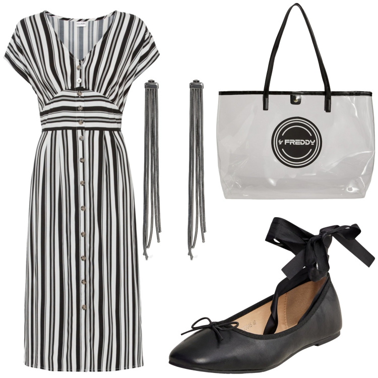Outfit donna - Total look #1903202. Stile Casual chic per Tutti i giorni. Abbinamento con vestiti, ballerine, shopping bag, orecchini.