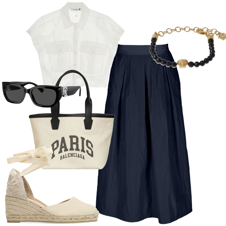 Outfit donna - City. Stile Minimal per Tutti i giorni. Abbinamento con camicie, occhiali da sole, gonne, espadrillas, shopping bag, braccialetti.