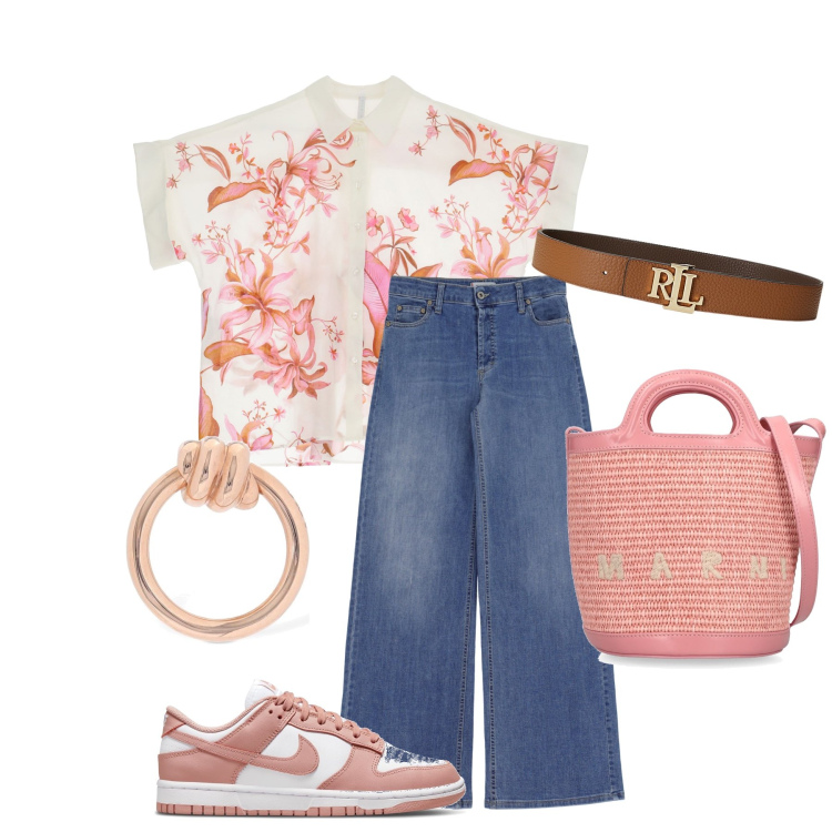 Outfit donna - Rosa pesco. Stile Casual chic per Tutti i giorni. Abbinamento con jeans, camicie a manica corta, cinture, sneakers, orecchini, borse a secchiello.