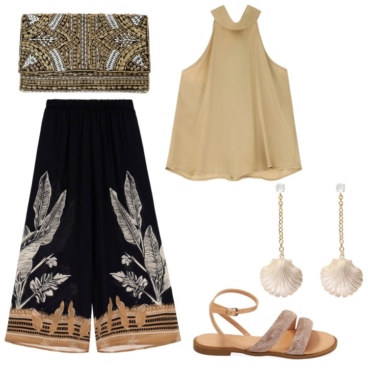 Outfit donna - Etnica. Stile Etnico per Serata fuori. Abbinamento con pantaloni a palazzo, top, pochette, orecchini, sandali.