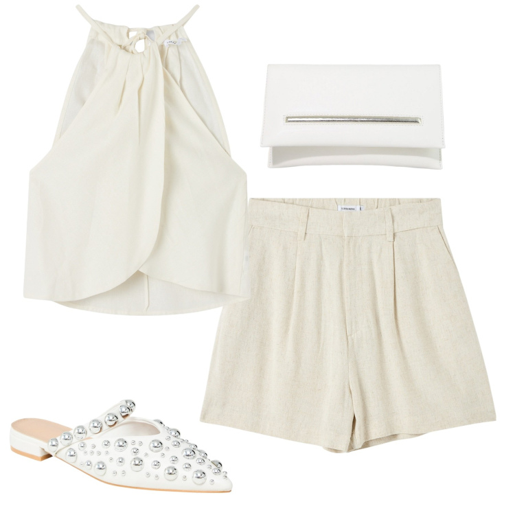 Outfit donna - Total white. Stile Casual chic per Tutti i giorni. Abbinamento con bermuda, ballerine, top, pochette.