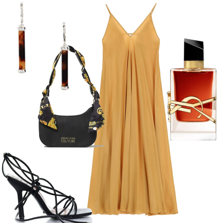 Outfit donna - Serata. Stile Casual chic per Serata fuori. Abbinamento con profumi, vestiti lunghi, sandali alla schiava, orecchini, borse a spalla.