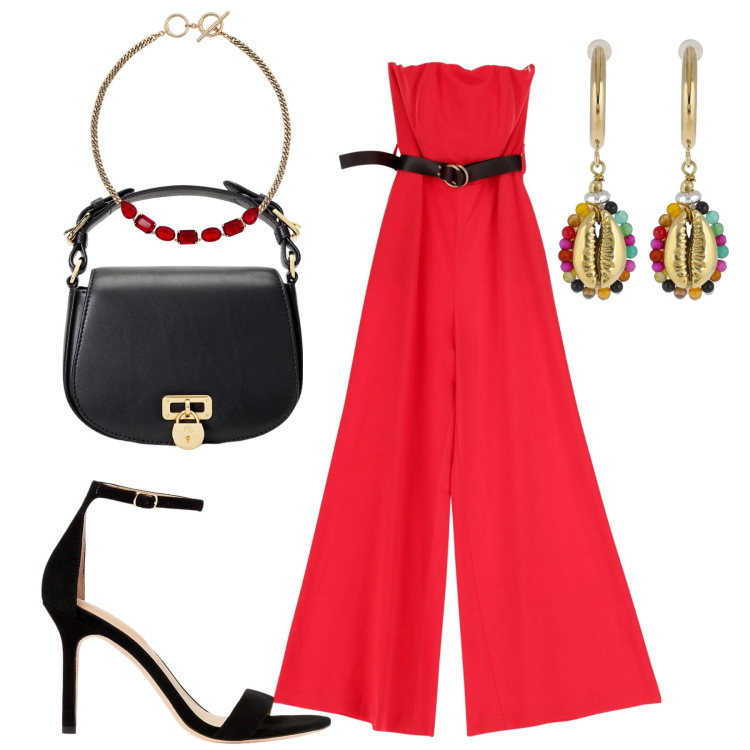 Outfit donna - Glam. Stile Glamour per Serata fuori. Abbinamento con tute, borse a tracolla, sandali col tacco, collane, orecchini.