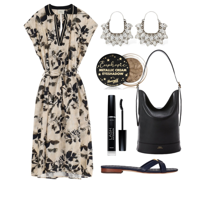 Outfit donna - Ghost outfitter - giugno. Stile Casual chic per Tutti i giorni. Abbinamento con ombretti, mascara, vestiti lunghi, borse a secchiello, ciabatte, orecchini.