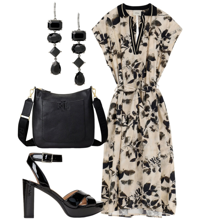 Outfit donna - City. Stile Chic per Tutti i giorni. Abbinamento con vestiti lunghi, borse a tracolla, sandali col tacco, orecchini.