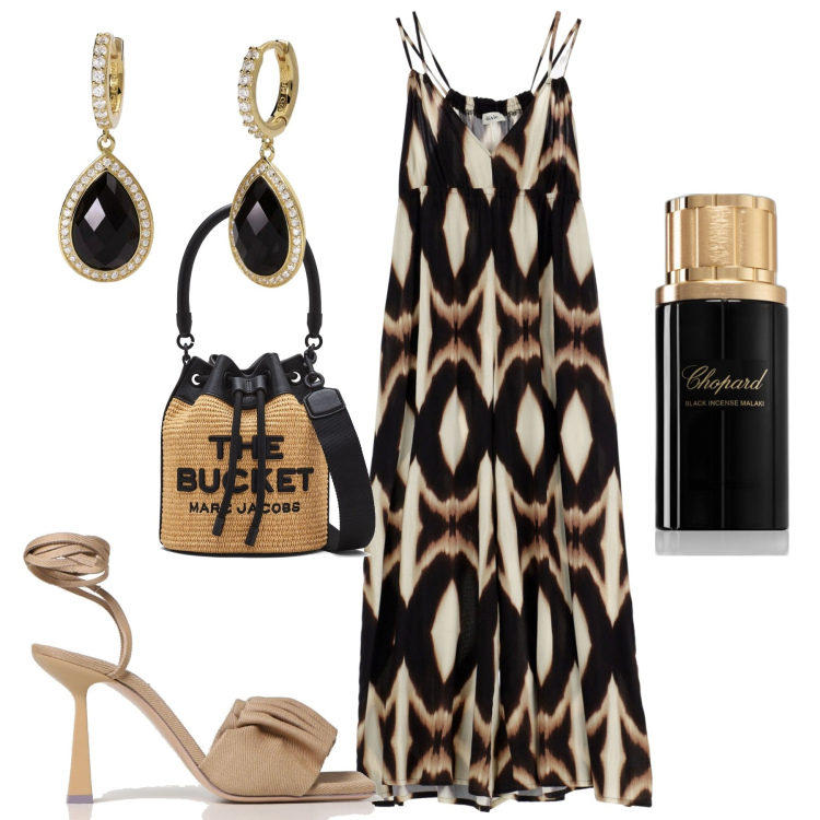 Outfit donna - City. Stile Chic per Tutti i giorni. Abbinamento con profumi, orecchini, tute, borse a secchiello, sandali col tacco.